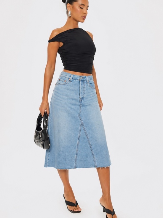 Levi's Dresses & Skirts - Levi's Premium High Rise A-Line Deconstructed Denim Skirt Midi Button Fly 28